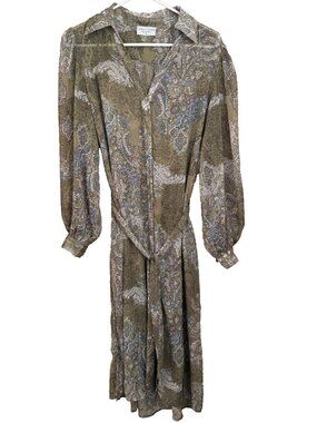 Dress Forum Sheer Paisley Midi Dress S Puff Sleeve Button Front Tie Cottagecore